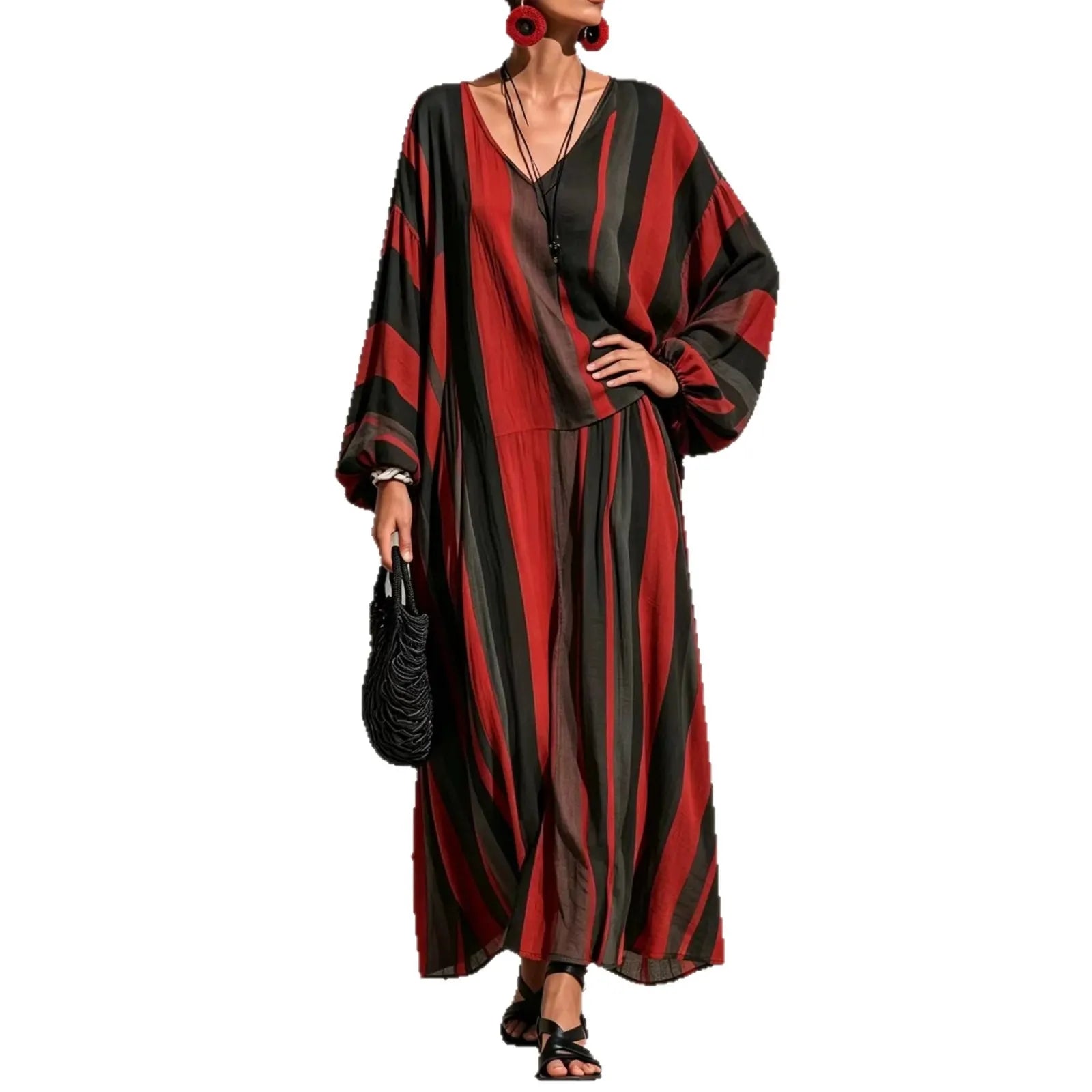 Diagonal Stripe V-neck Lantern Sleeve Top & Wide-leg Pants Two-piece Set