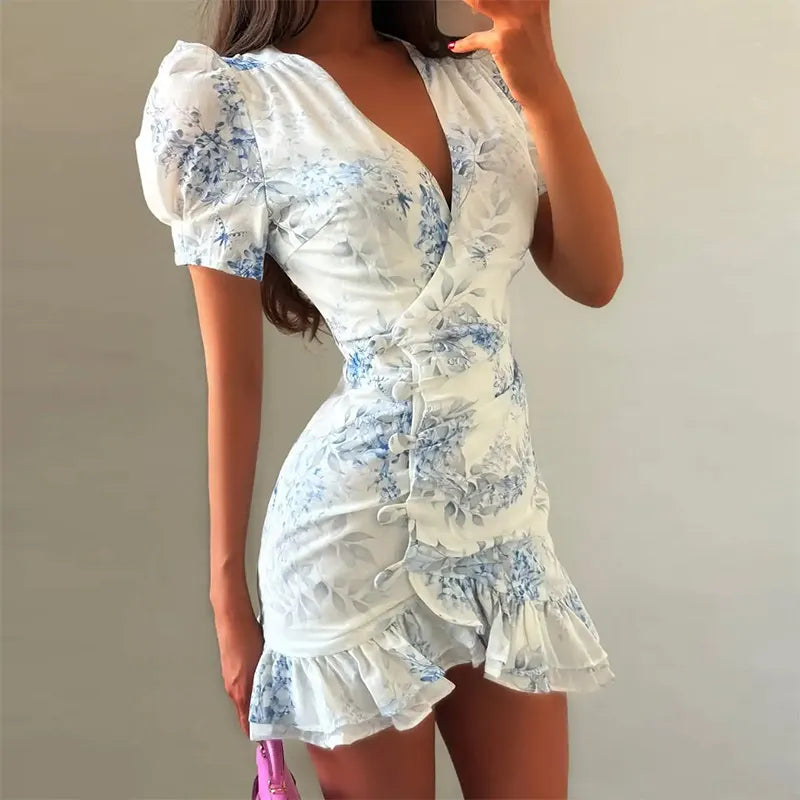 Floral Print V Neck Puff Short Sleeve High Waist Ruffle Hem Slim A-Line Mini Dress