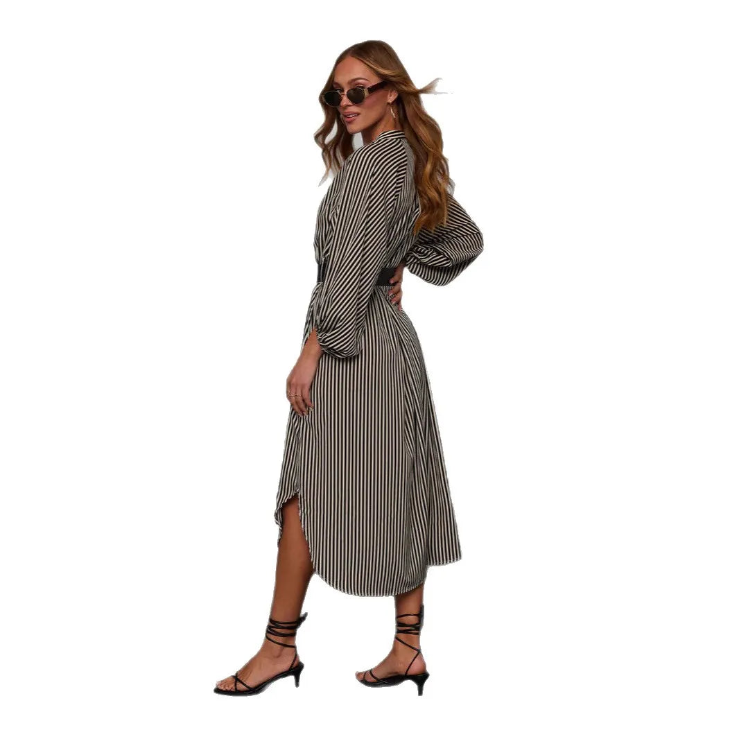 Stripe Balloon Sleeve Midi Shirt Dress With Belt