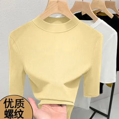 Solid Color Half High Neck Medium Sleeve Slim Fit T-Shirt