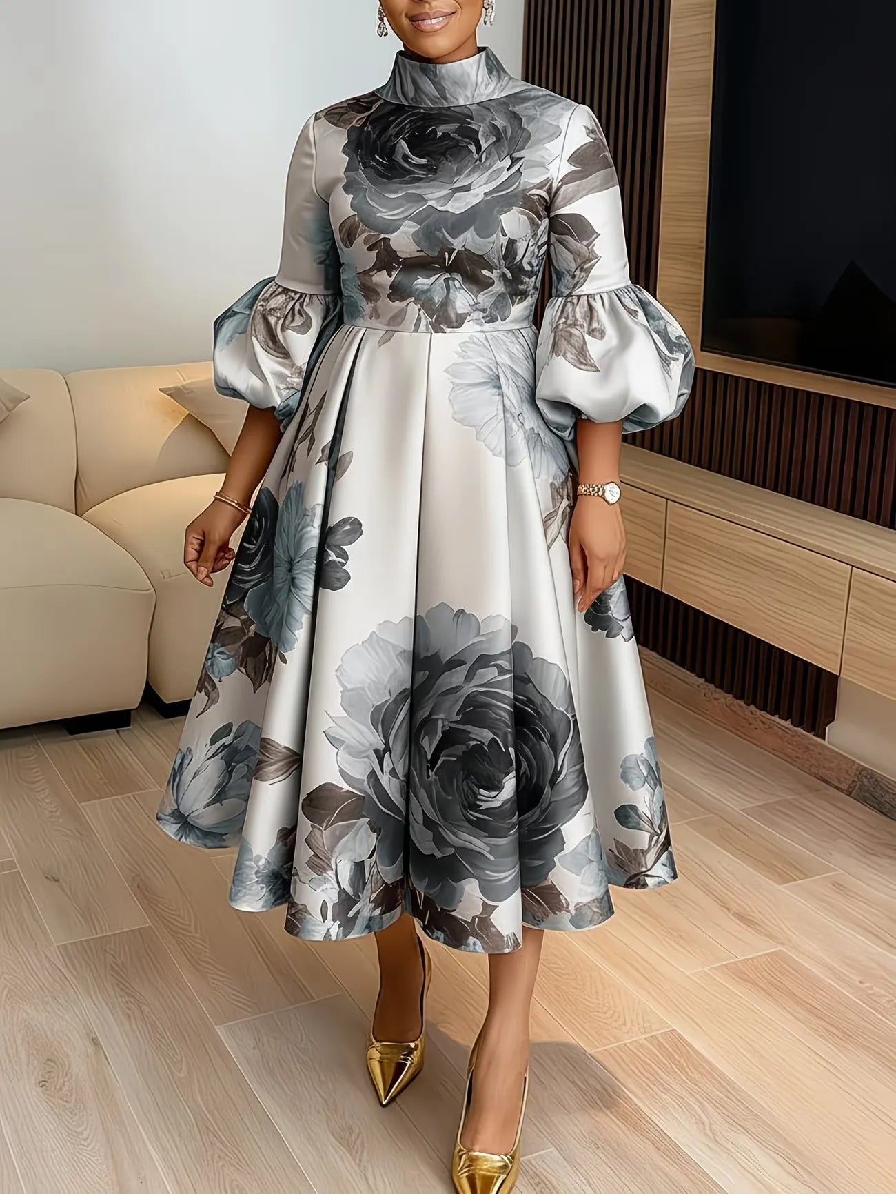 Floral Print High Neck Dress