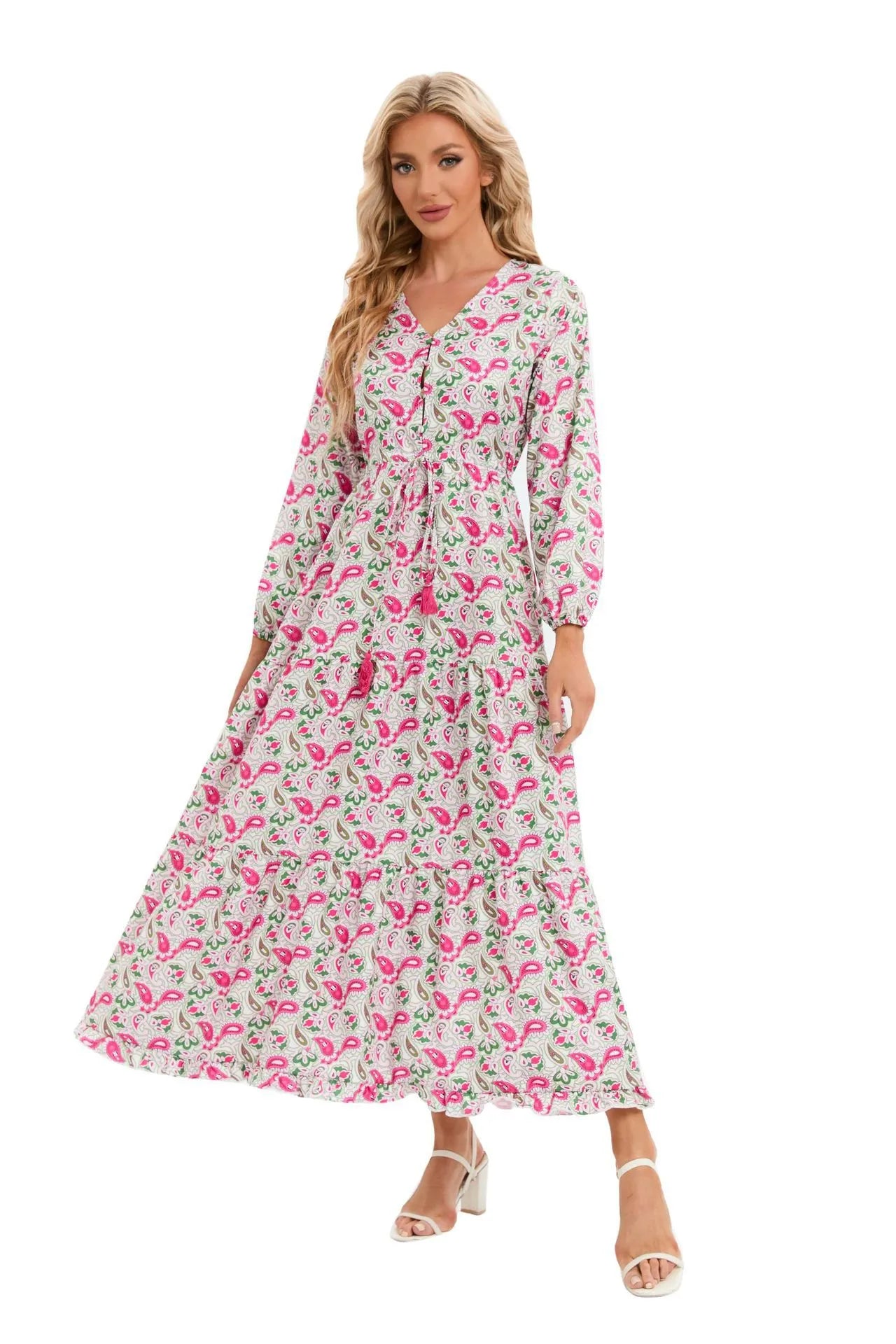 Paisley Print V-Neck Long Sleeve Drawstring Waist Maxi Dress