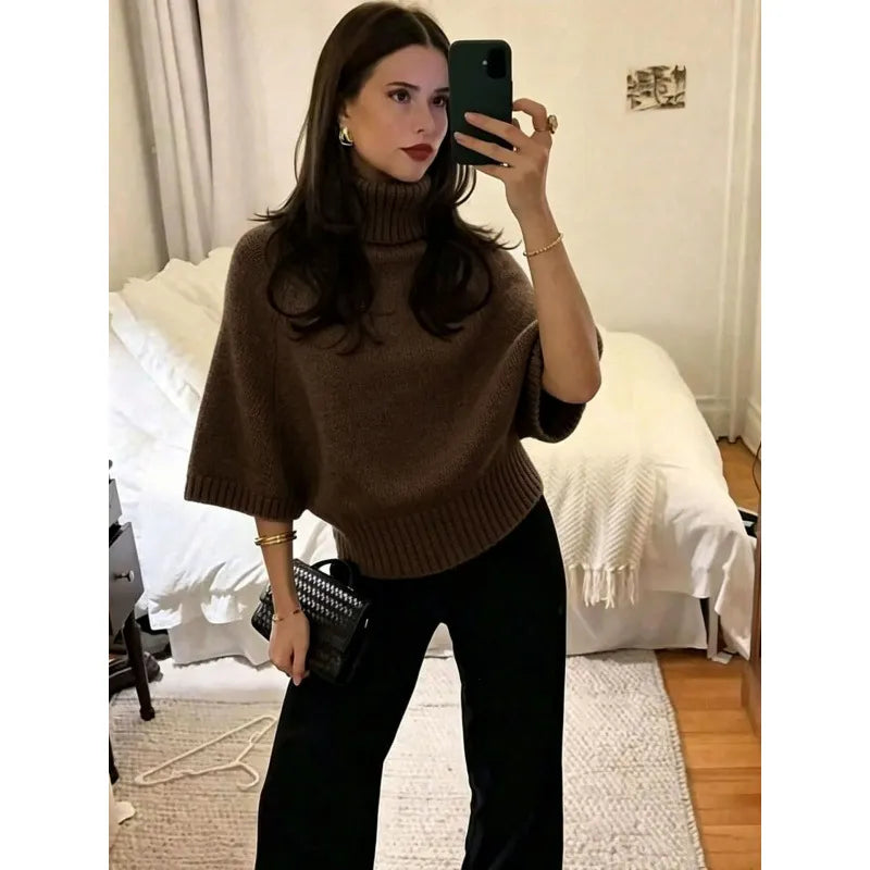 Oversized Chunky Knit Turtleneck Jumper Ladies Drop Shoulder Puff Sleeve Sweater, Long Sleeve / 5 Point Sleeve