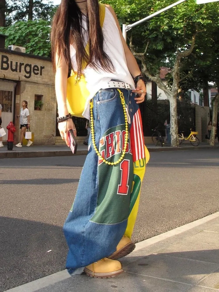 High Waist Patchwork Print Wide Leg Jeans