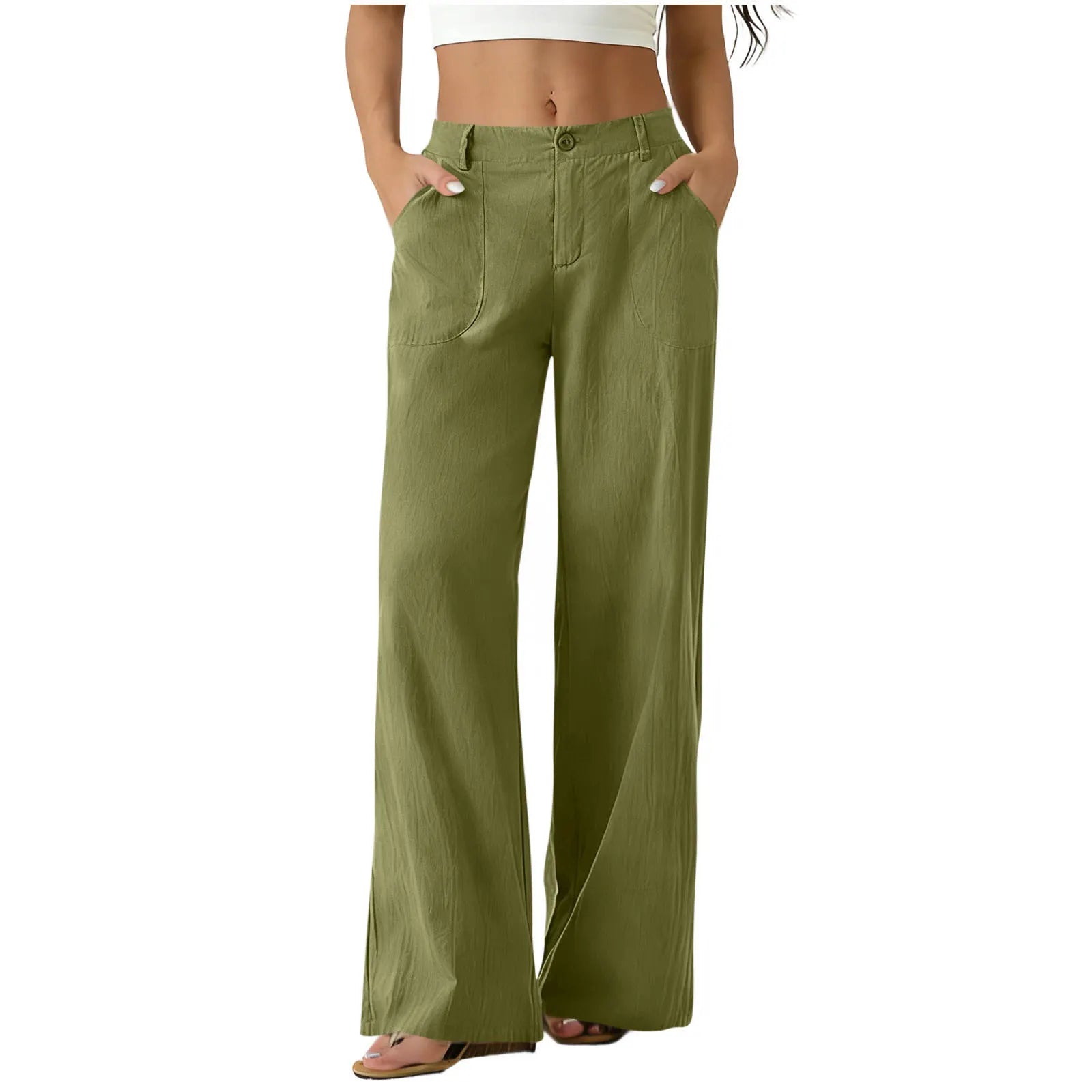 High Waist Patch Pocket Casual Linen Wide Leg Floor Length Pants
