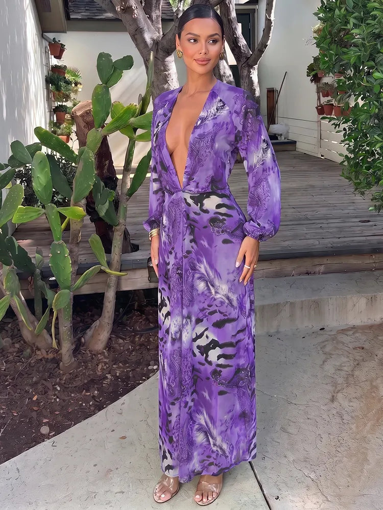Deep V Neck Green Patchwork Print Maxi Dress
