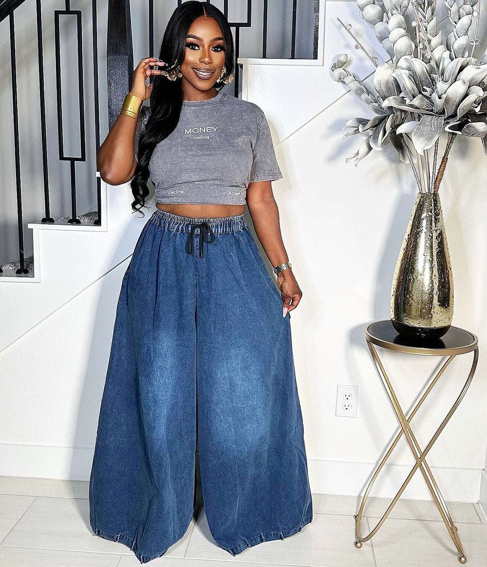 Elastic Drawstring Waist Denim Wide Leg Pants