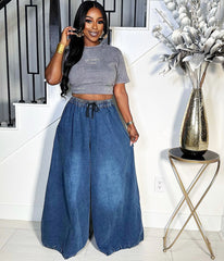 Elastic Drawstring Waist Denim Wide Leg Pants