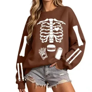 Halloween Skeleton Food Print Crew Neck Sweatshirt