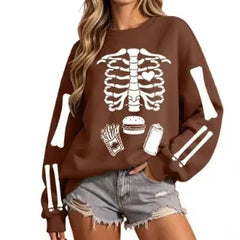 Halloween Skeleton Food Print Crew Neck Sweatshirt