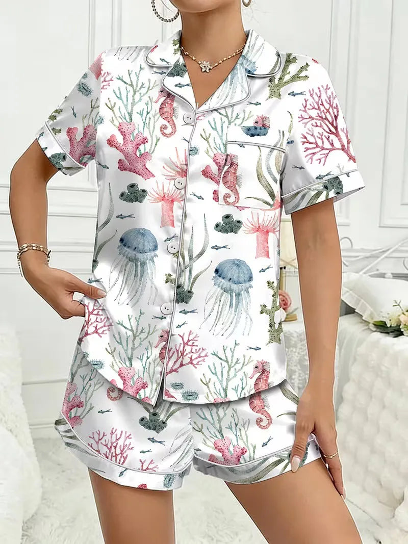 Ladies Plus Size Friendly Satin Pajama Set Cute Panda Heart Pattern Short Sleeve Top & Elastic Shorts Nightwear