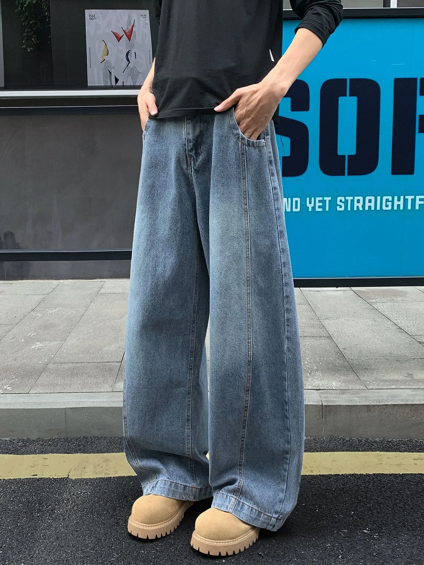 Men Mid Waist Vintage Washed Wide Leg Jeans