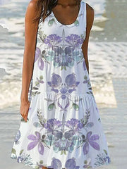Floral Print Sleeveless Round Neck Tiered Midi Dress