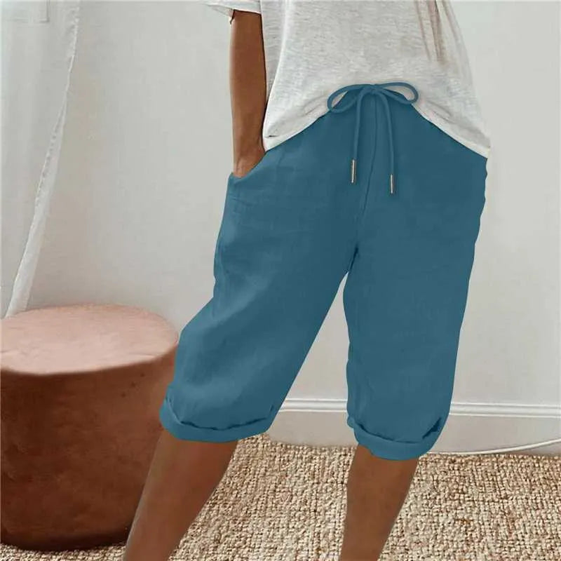 Cotton Linen Drawstring Waist Capri Pants,