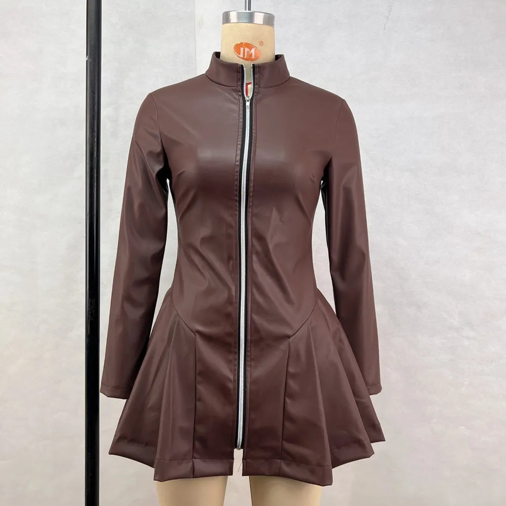 Stand Collar A-Line Pleated Mini Dress