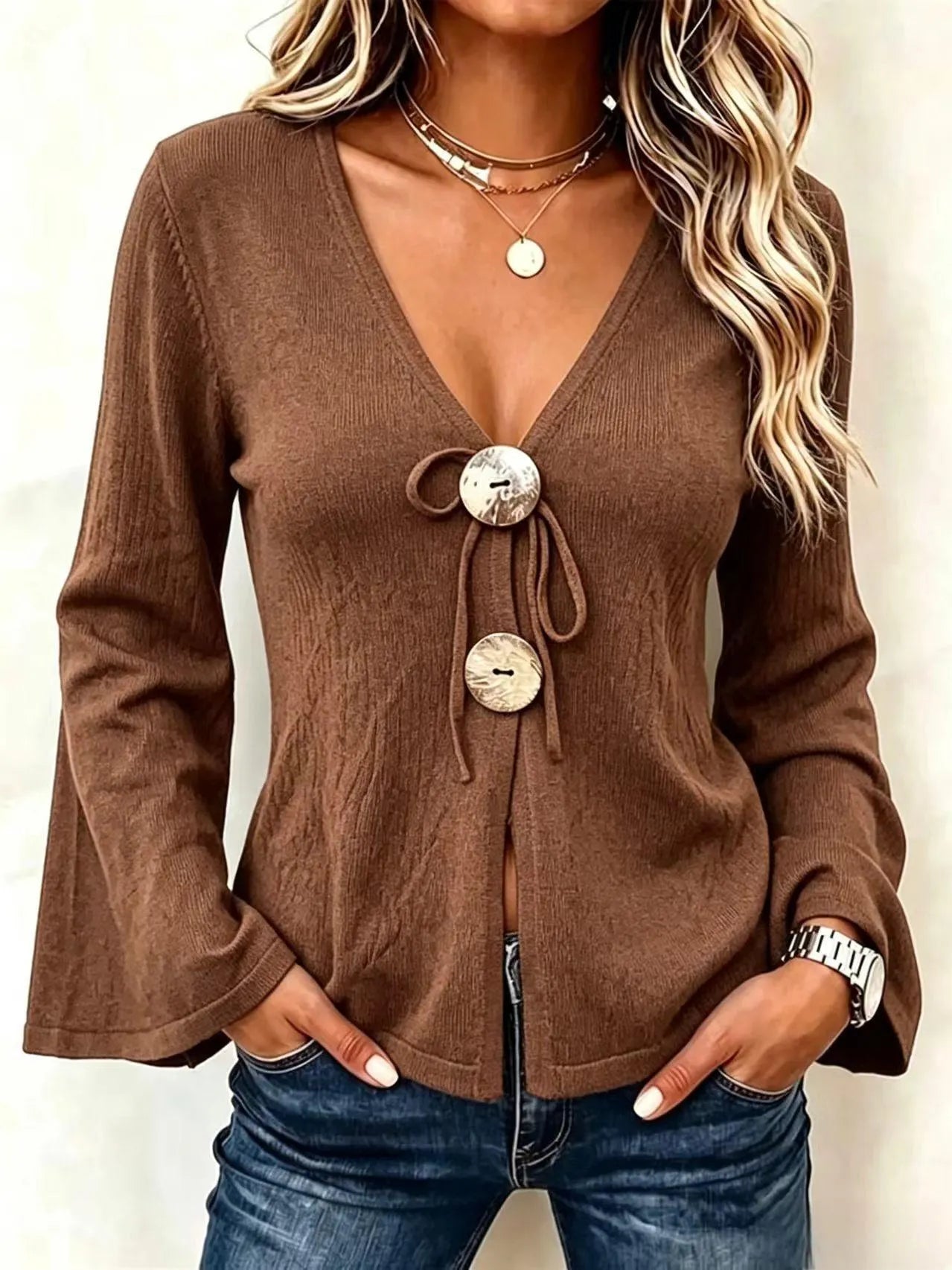V-Neck Knit Cardigan, Large Button Tie Front Flare Long Sleeve Sweater Top