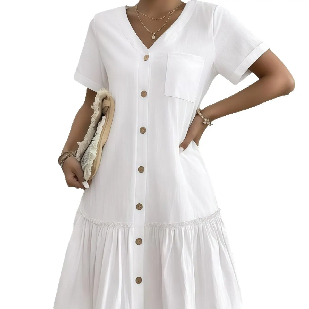 V Neck Short Sleeve Button Down Ruffle Hem Midi Dress