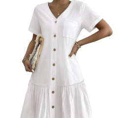 V Neck Short Sleeve Button Down Ruffle Hem Midi Dress