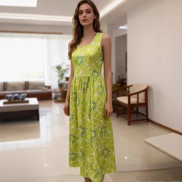 Sleeveless Floral Print Round Neck Midi Dress