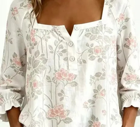 Plaid Square Neck Button Front Bubble 7/4 Sleeve Loose Casual Blouse