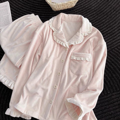 Sweet Pink Ruffle Trim Ladies Sleepwear, 2 Piece Long Sleeve Top & Pants Cozy Home Pajamas