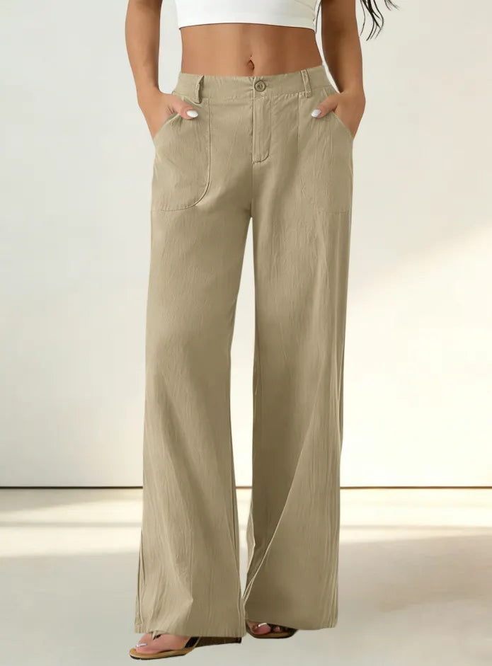 High Waist Patch Pocket Casual Linen Wide Leg Floor Length Pants