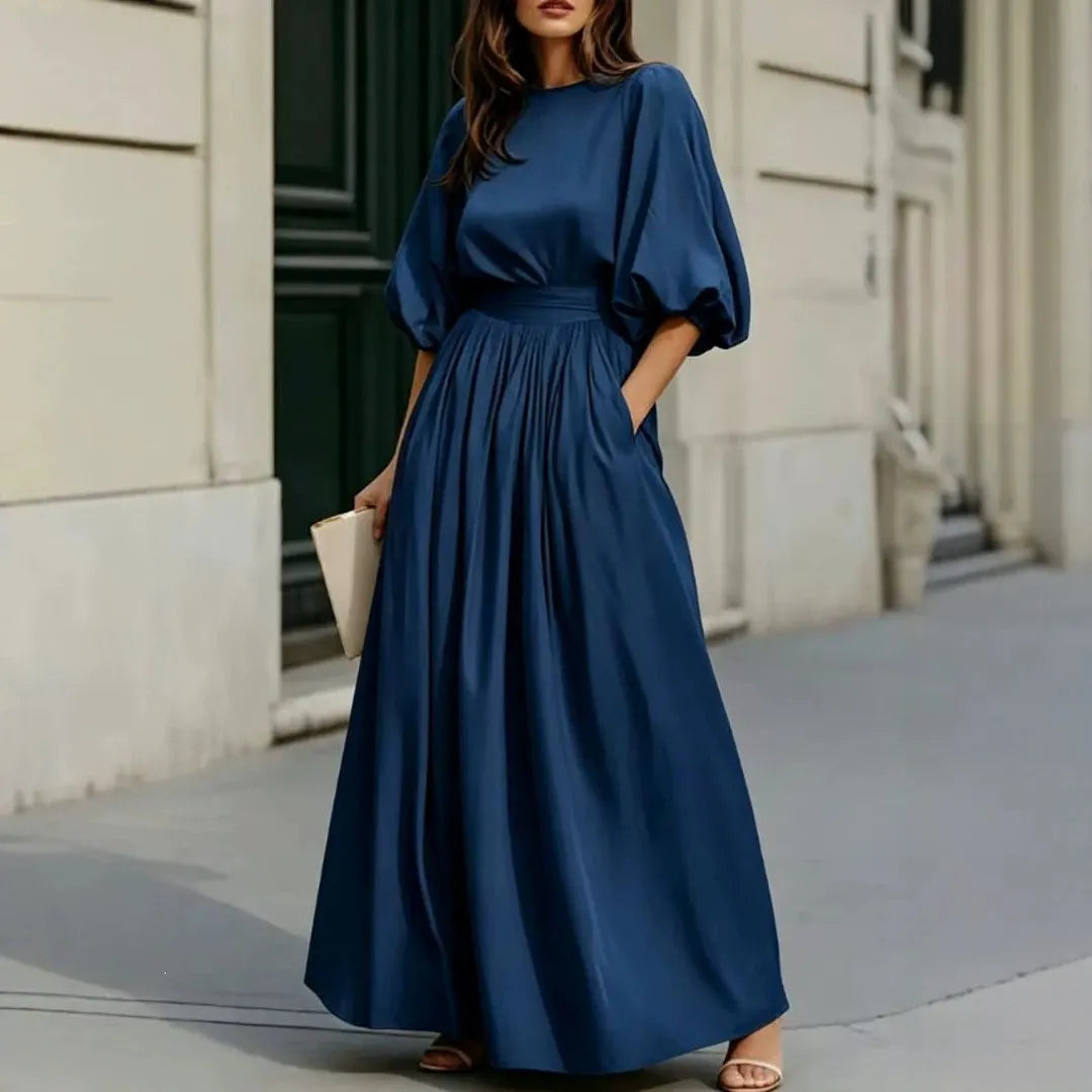Cream Puff Short Sleeve High Waist Flowy Maxi Dress with Pockets