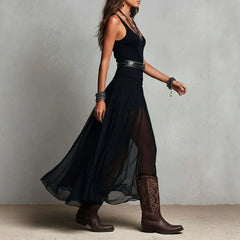 Solid Sleeveless Low Neck Mid Waist Mesh Spliced Irregular A-Line Maxi Dress