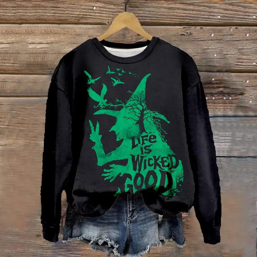 Halloween Witch Pumpkin Print Crew Neck Sweatshirt