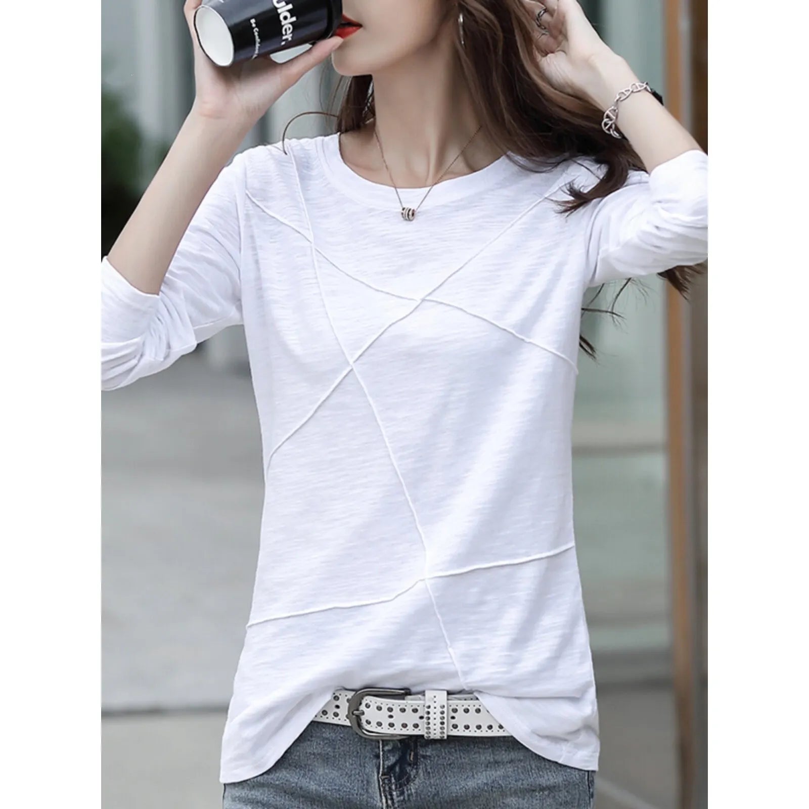 Solid Round Neck Spliced Grinding Pure Cotton Long Sleeve Slim Fit T-Shirt