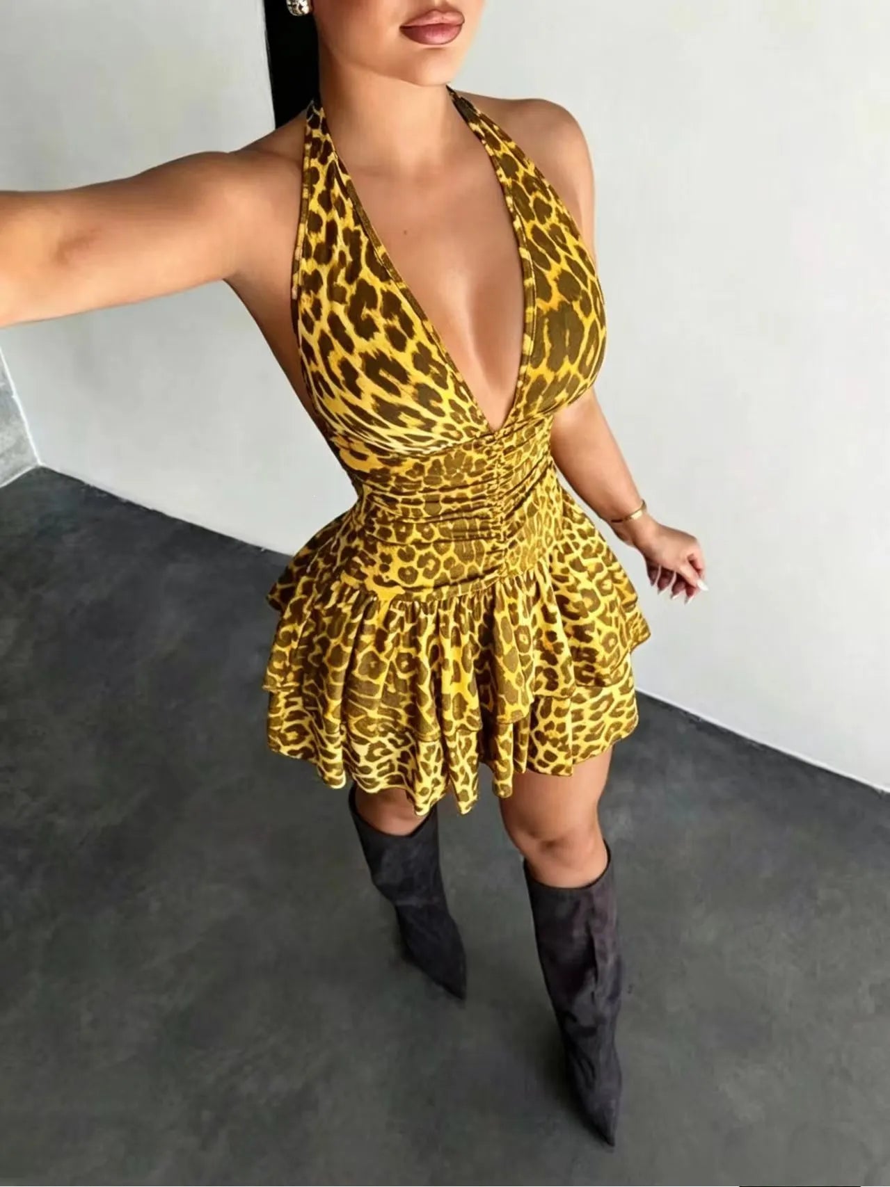 Leopard Print Deep V-Neck Halter Ruched Ruffle Mini Dress