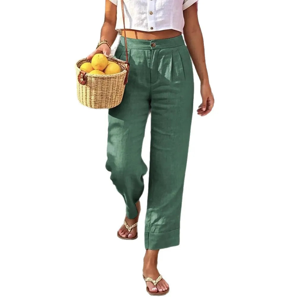 Beige Linen Pleated High Waist Cuffed Straight Crop Pants