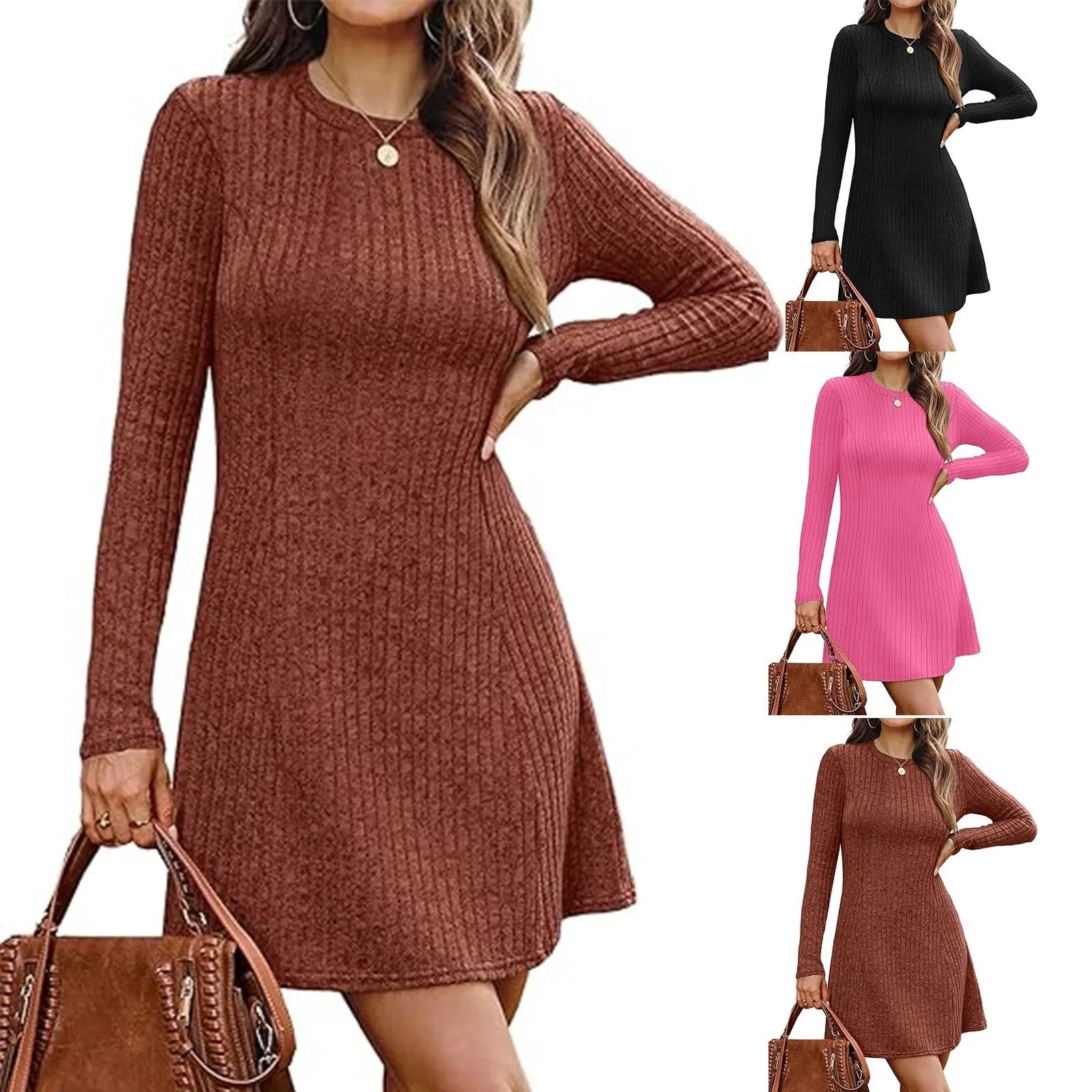 Ribbed Knit Round Neck Long Sleeve Slim A-Line Midi Dress