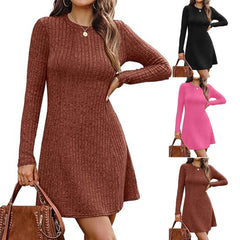 Ribbed Knit Round Neck Long Sleeve Slim A-Line Midi Dress
