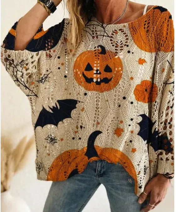 Halloween Pumpkin Bat Crew Neck Sweater