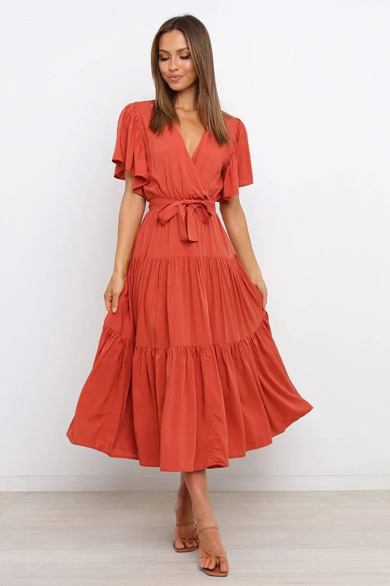 V Neck Flutter Short Sleeve Belted Tiered Maxi Swing Dress