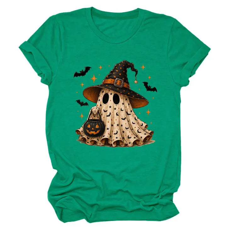 Halloween Ghost Witch Bat Print Crew Neck Short Sleeve T‑Shirt
