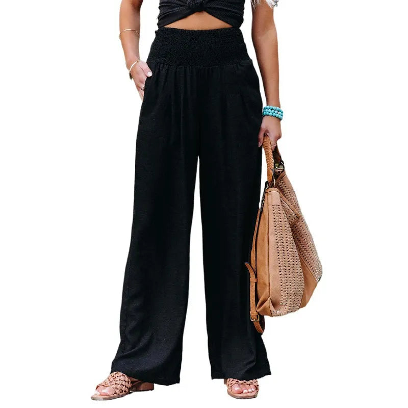 High Waist Smocked Waistband Cotton Linen Wide Leg Pants