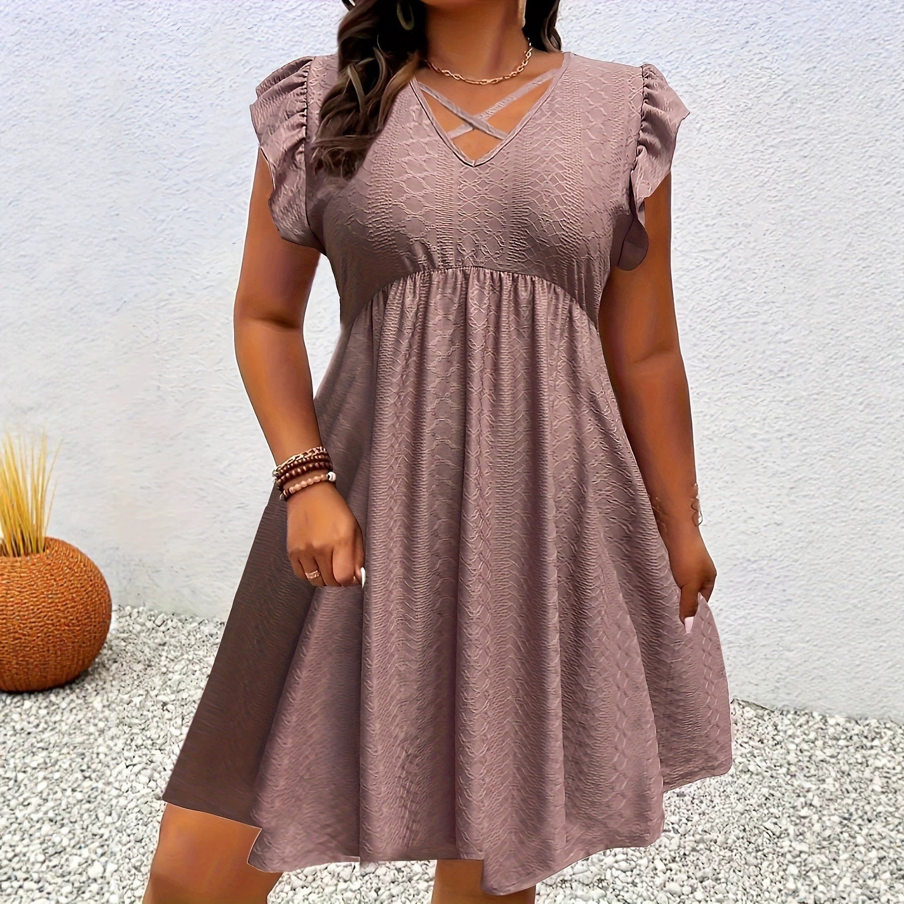 Burgundy V-Neck Ruffle-Sleeve A-Line Midi Dress
