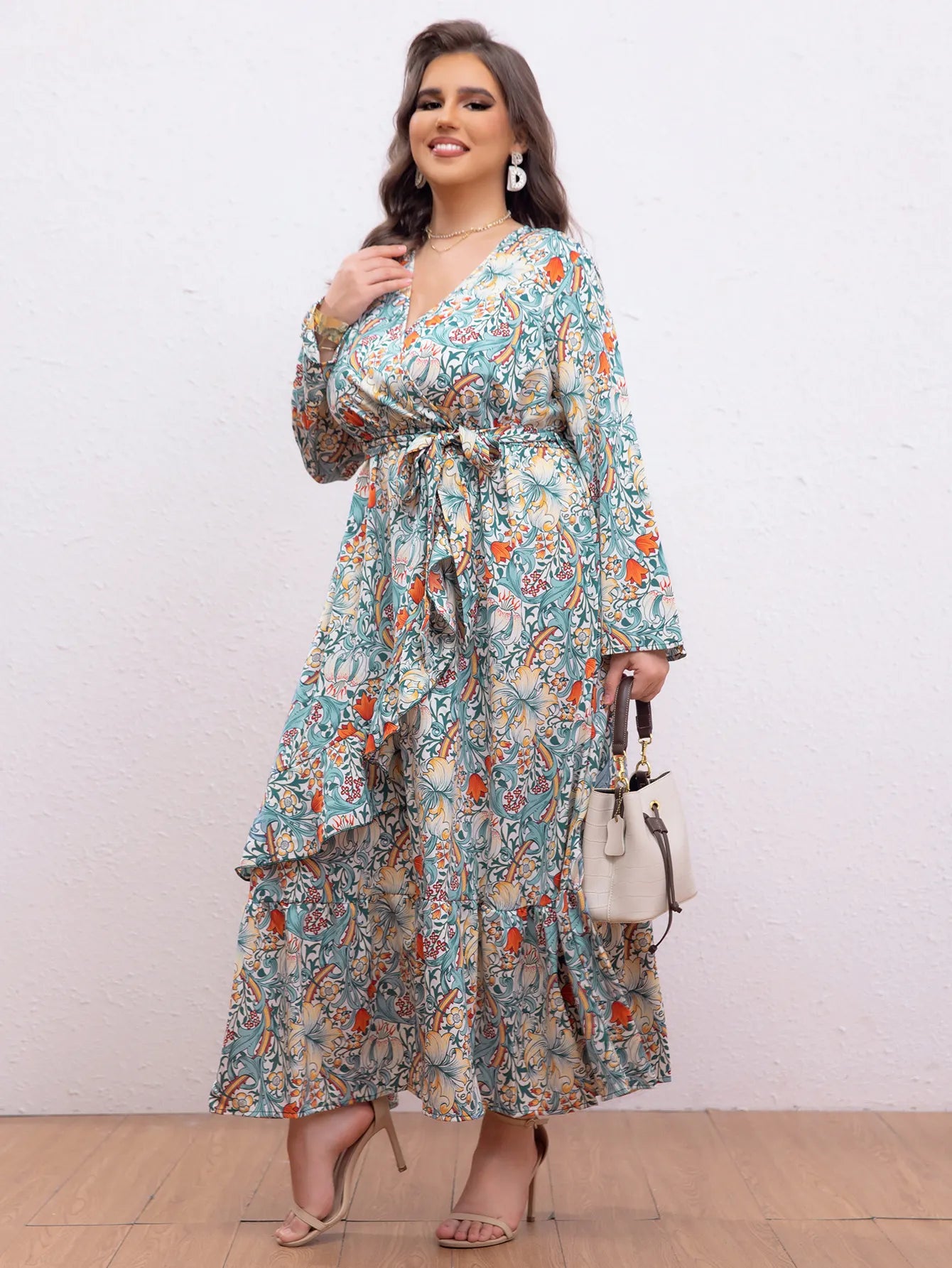 Plus Size Floral Print V‑Neck Wrap Long Dress