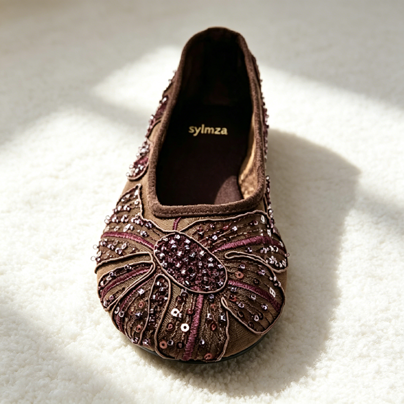 Romantic Sheer Mesh Beaded Ballet Flats, Retro Floral Embroidery Dressy Flat Shoes