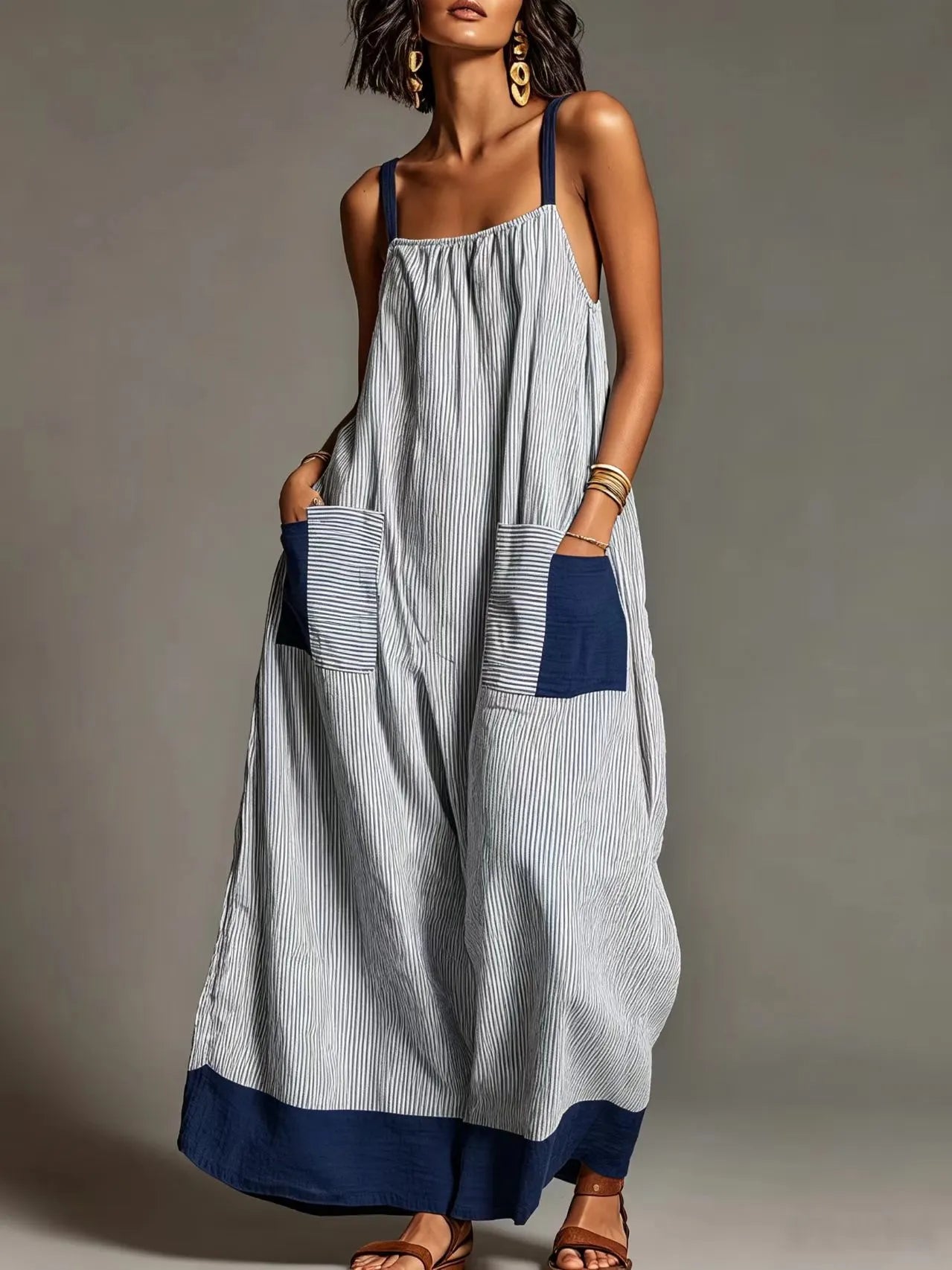 Stripe Color Block Pocket Sling Long Dress