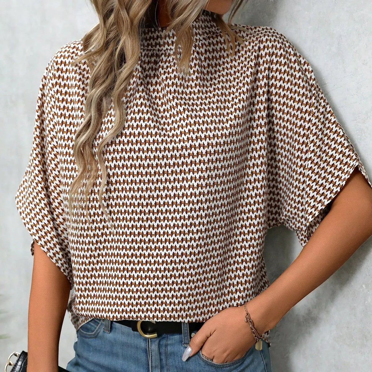 Houndstooth Plaid Round Neck Short Sleeve Loose Casual T-Shirt