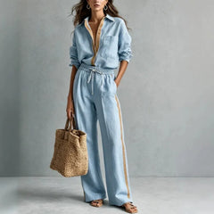 Beige Linen Two Piece Set Contrast Trim Shirt & Drawstring Wide Leg Pants