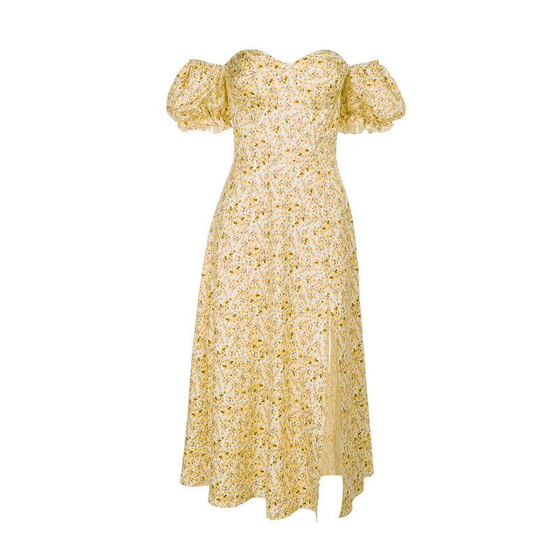 Off Shoulder Puff Sleeve Ditsy Floral Slit Midi Dress