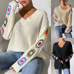 V‑Neck Loose Pullover Sweater With Crochet Floral Sleeve