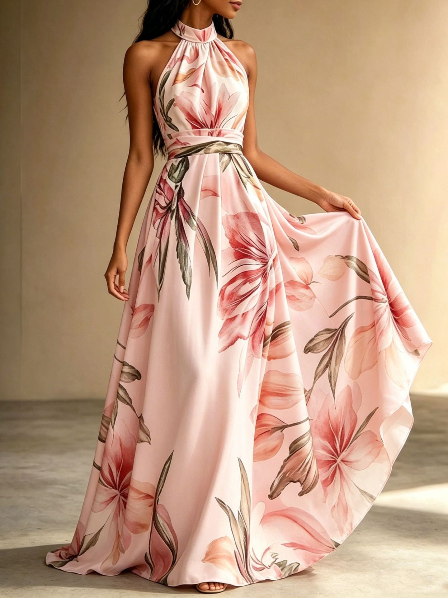 Floral Print Halter Neck High Waist Flowy Maxi Dress