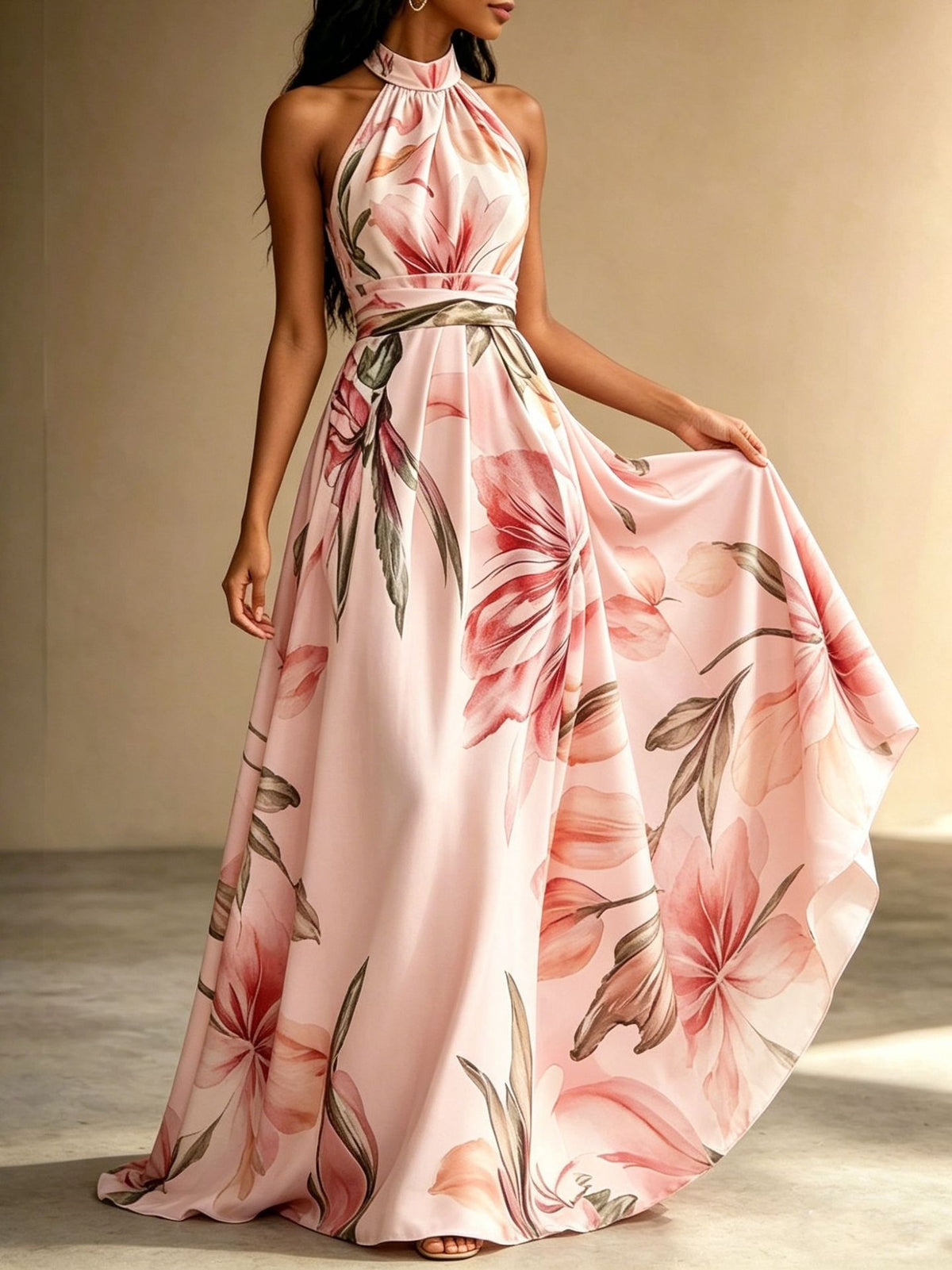 Floral Print Halter Neck High Waist Flowy Maxi Dress