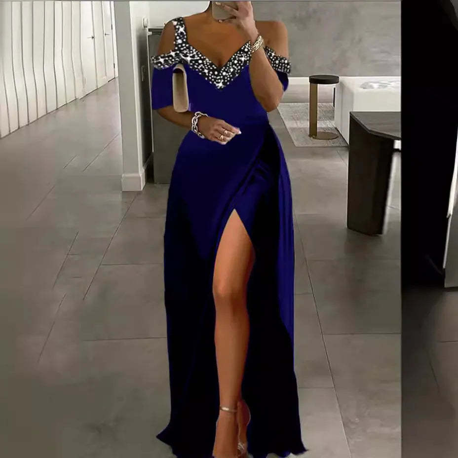 Cold Shoulder Rhinestone Maxi Dress, V Neck High Split Formal Evening Party Gown