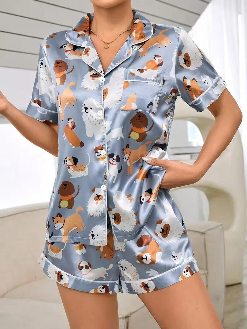 Ladies Plus Size Friendly Satin Pajama Set Cute Panda Heart Pattern Short Sleeve Top & Elastic Shorts Nightwear